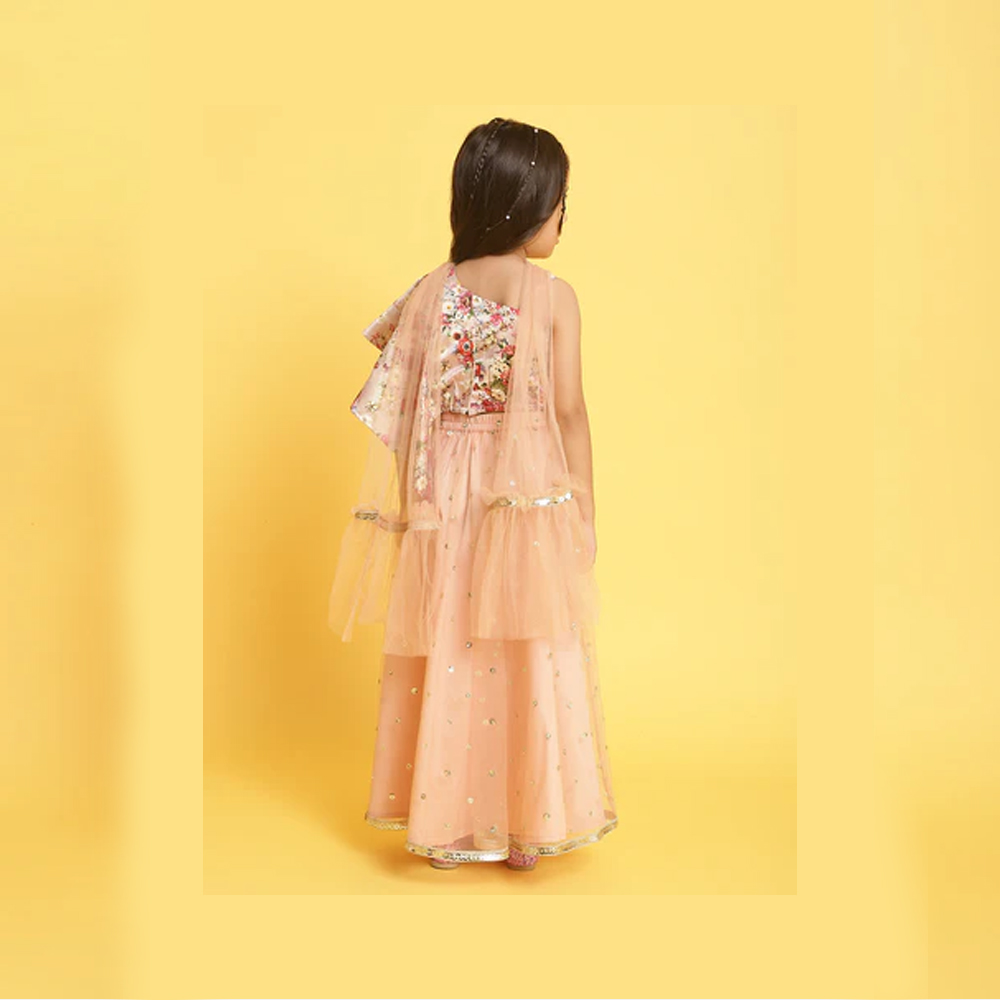 Girls Light-Pink Printed Sleeveless Polyester Ethenic