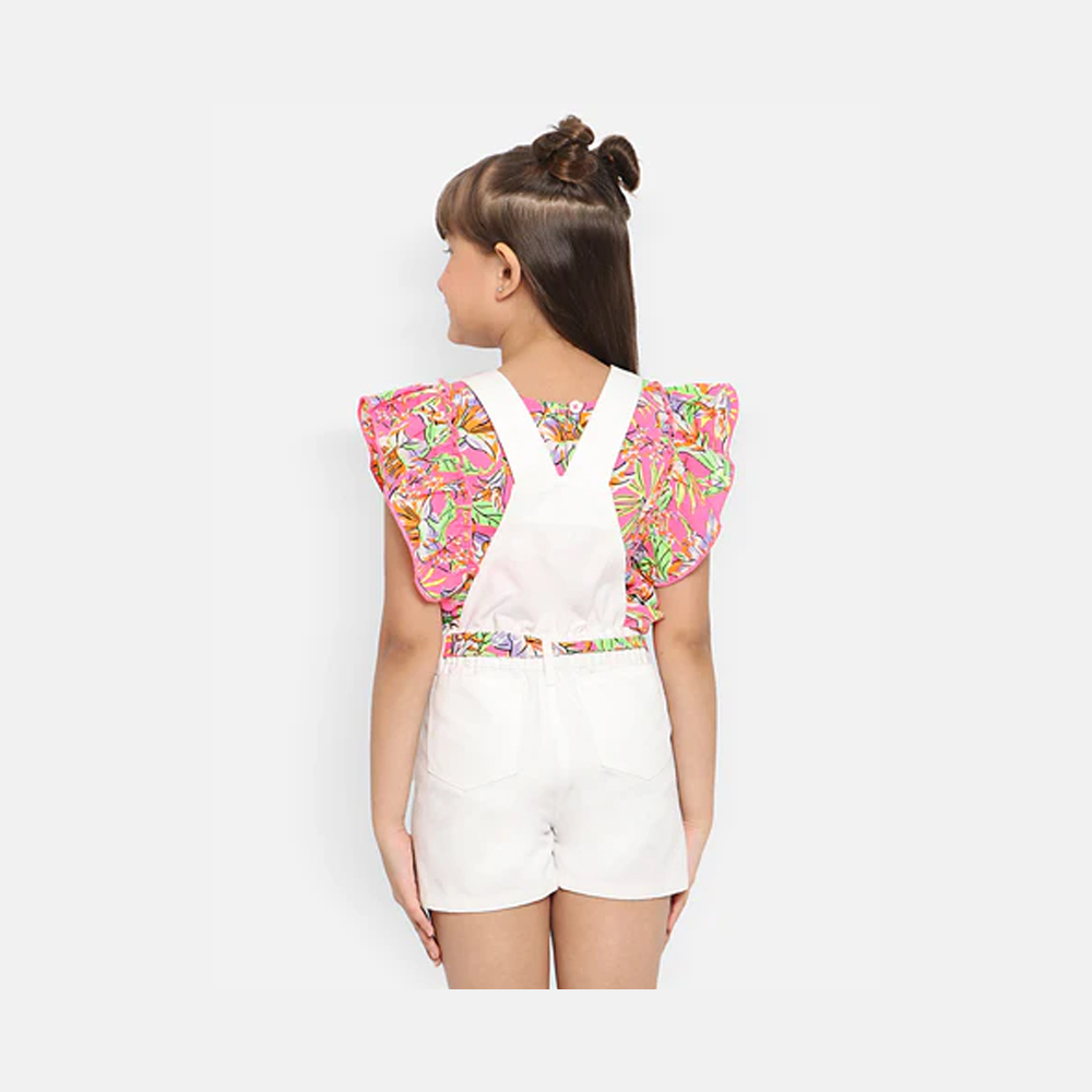 Girls Dungaree With Waist Belt Printed Top