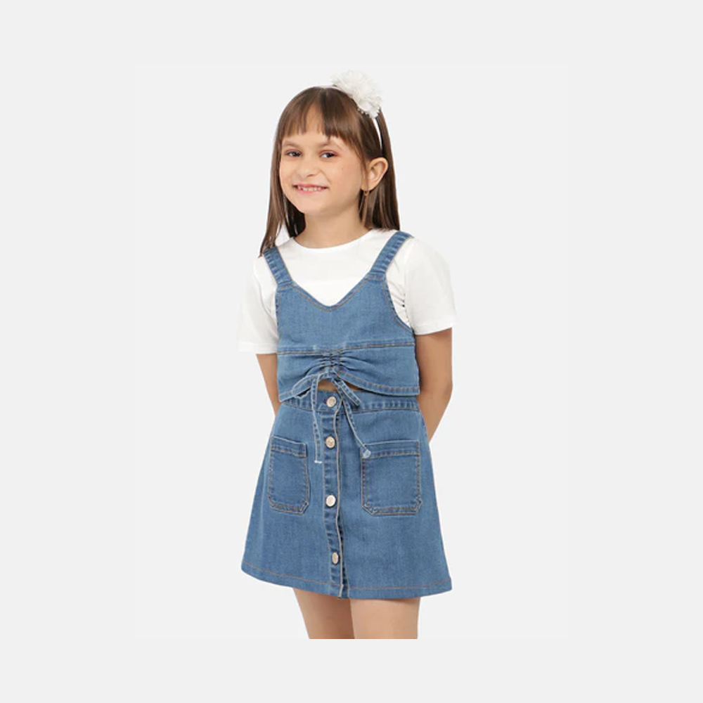 Girls V-Neck Pure Cotton Denim Top With Skirt
