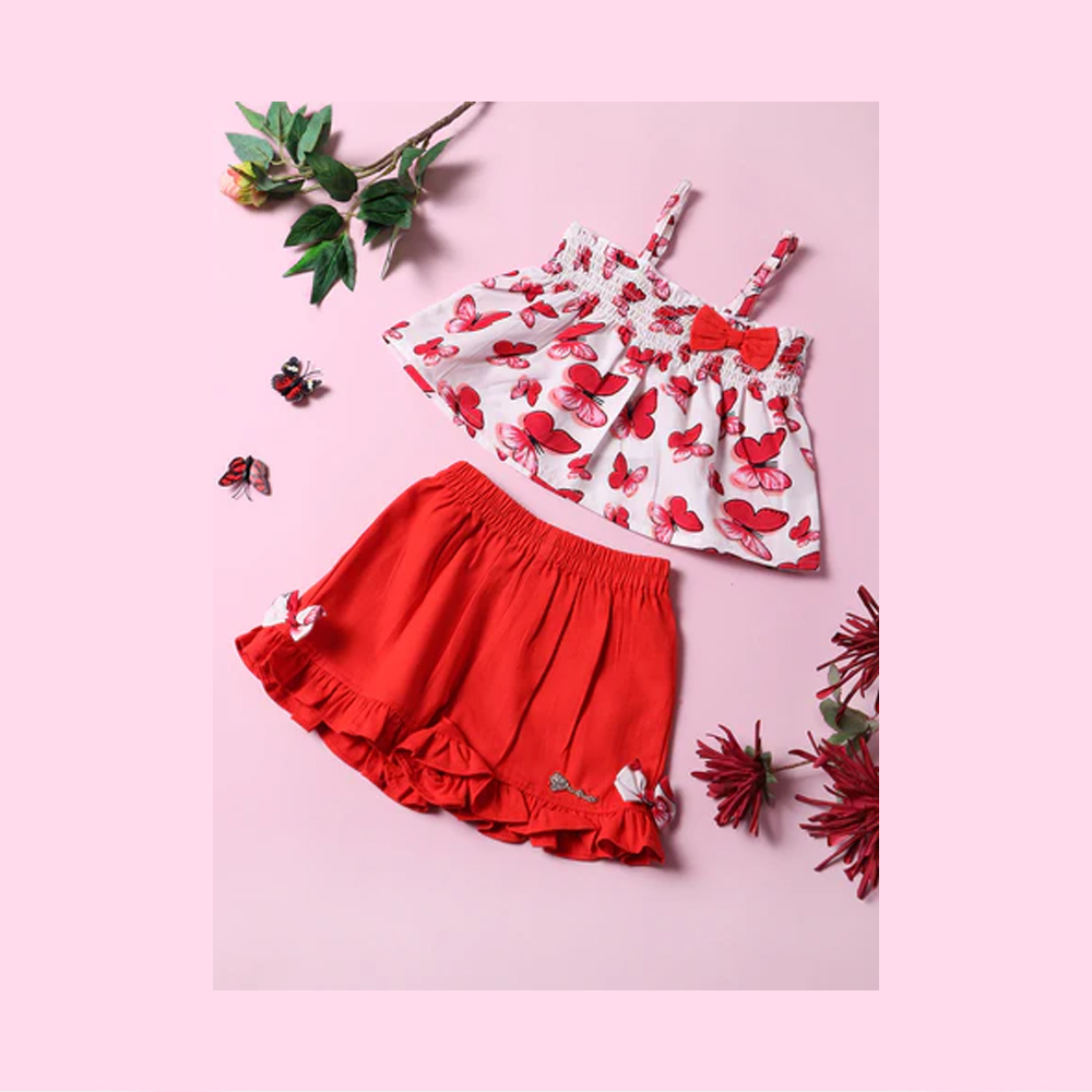 Girls Printed Shoulder Straps Top With Shorts